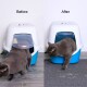 Eine graue Katze verlässt eine blau-weiße Katzentoilette, mit den Beschriftungen "Vorher" und "Nachher", die den Übergang anzeigen.