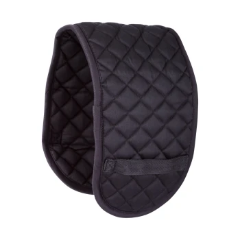 Schwarzes, gestepptes Haustiergeschirr mit gepolstertem Innenraum und einem kleinen Riemen zur Anpassung.