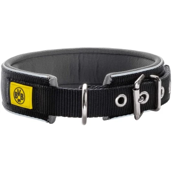 Schwarzes Haustierhalsband mit grauer Polsterung, mit einem gelben BVB-Logo und einer Metallschnalle, entworfen für Komfort und Haltbarkeit.