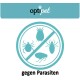 Logo von 'optipet' über einer kreisförmigen Grafik, die verschiedene Schädlinge (Zecken, Flöhe usw.) mit einem Verbotsschild zeigt, und dem Text 'gegen Parasiten' darunter.