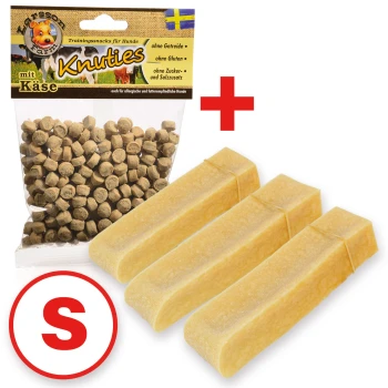 Yaky Kaukäse S 3er Set +Snack Hundetraining Snacks in einer Tüte mit der Aufschrift "Knuties mit Käse" mit kleinen braunen Leckerlis und drei gelben Käsesticks, gekennzeichnet mit einem "S".
