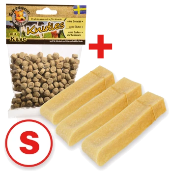 Hundetraining Snacks in einer Tüte mit der Aufschrift "Knuties mit Käse" mit kleinen braunen Leckerlis und drei gelben Käsesticks, gekennzeichnet mit einem "S".