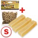 Hundetraining Snacks in einer Tüte mit der Aufschrift "Knuties mit Käse" mit kleinen braunen Leckerlis und drei gelben Käsesticks, gekennzeichnet mit einem "S".