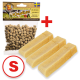 Hundetraining Snacks in einer Tüte mit der Aufschrift "Knuties mit Käse" mit kleinen braunen Leckerlis und drei gelben Käsesticks, gekennzeichnet mit einem "S".