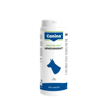 Canina Kräuter-Doc ‚Abwehrkraft‘-Flasche für Hunde, blaue Hundesilhouette, Text ‚Für Hunde‘ und ‚100% Natur‘.