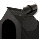 Schwarzes Stoffhaustierzelt mit Mesh-Belüftungsfenster und Klettverschluss-Detail in Nahaufnahme.