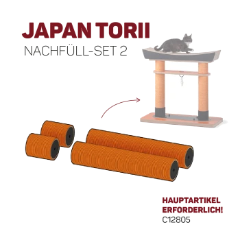Japan Torii Nachfüll-Set 2 mit orangefarbenen Rollen für einen Katzenkratzbaum und einer Katze oben. Text: "HAUPTARTIKEL ERFORDERLICH!"