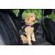 A fluffy, light-colored poodle sits in the back seat of a car, wearing a black harness secured with a seatbelt.
