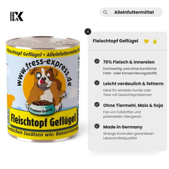 Dose Hundefutter mit der Aufschrift 'Fleischtopf Geflügel' und gezeichnetem Hund; Seitenleiste zeigt '70% Fleisch & Innereien' und 'Made in Germany'.