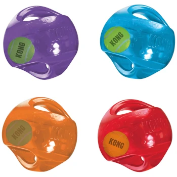Jumbler Ball L-XL Vier bunte KONG-Haustierspielzeuge in lila, blau, orange und rot, jedes mit einem Tennisball-Design und dem KONG-Logo.