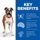 A happy Boxer with a red collar stands next to a blue panel highlighting dog food benefits: low calories, L-Carnitine, Omega-6s, and Vitamin E.