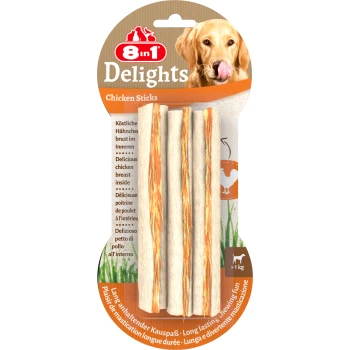 Delights Kausticks 1x3 Stück Hähnchen 8in1 Delights Hühnersticks-Paket mit drei Kausticks mit Hühnerbrust, geeignet für Hunde über 1 kg.