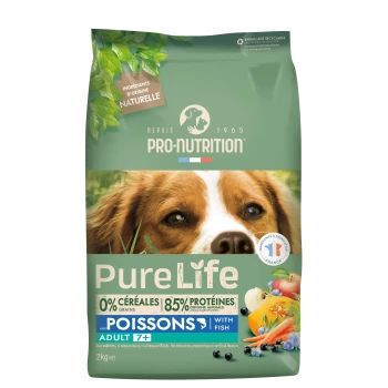 Pro-Nutrition Pure Life grüne Hundefuttertüte mit Hundegesicht – 0% Getreide, 85% Protein, Poissons / mit Fisch, Adult 7+