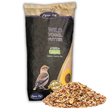 Eine Tüte Lyra Pet Wild Vogel Futter Vogelfutter mit einer bunten Vogelillustration und gemischten Samen, beschriftet mit "100% natürlich" und "10 Jahren."