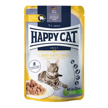 Die Verpackung des Happy Cat Erwachsenenfutters zeigt eine getigerte Katze und Geflügelstücke. Der Text enthält "Hergestellt in Deutschland", "1+ Jahre" und "getreidefrei."