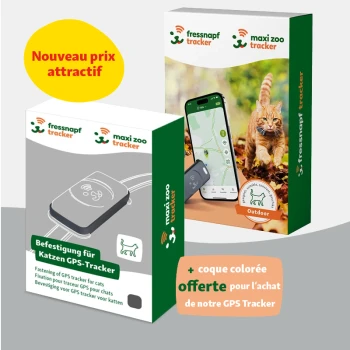 Deux boîtes de traceurs GPS pour chats : la boîte de gauche étiquetée "Befestigung für Katzen GPS-Tracker," la droite montre un chat avec une carte et propose un étui coloré.
