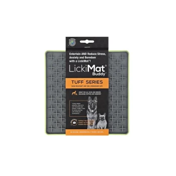 LickiMat Buddy Tuff Series pet feeding mat, chew-resistant and dishwasher safe, with text promoting stress relief for dogs.