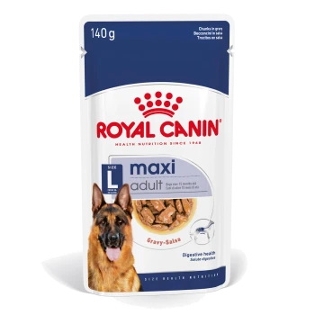 Royal Canin Maxi Adult Hundefutterbeutel, 140g, mit Stückchen in Soße, mit einem Bild eines Deutschen Schäferhundes und Text zu Größe und Verdauungsgesundheit.