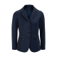 Marineblaue Damenblazer mit Reverskragen, fünf Knöpfen und zwei Reißverschlusstaschen.