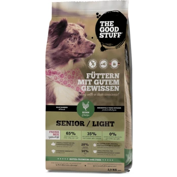 Senior Light Huhn 2.5 kg Tüte "The Good Stuff" Super-Premium-Hundefutter für Senioren mit einem Hund in einem rosa Schal. Wichtige Details: 65 % Fleisch, 35 % Gemüse, 28 % Protein, 14 % Fett.