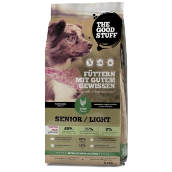 Tüte "The Good Stuff" Super-Premium-Hundefutter für Senioren mit einem Hund in einem rosa Schal. Wichtige Details: 65 % Fleisch, 35 % Gemüse, 28 % Protein, 14 % Fett.