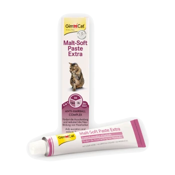 Box and tube of GimCat Malt-Soft Paste Extra anti-hairball complex for cats, pink-labeled tube with "Malt-Soft Paste Extra" text visible