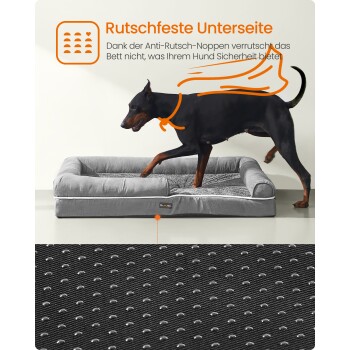 Dobermann steigt in graues Hundebett mit erhöhtem Rand; Nahaufnahme der gepunkteten, rutschfesten Unterseite; orangefarbener Text 'Rutschfeste Unterseite'.