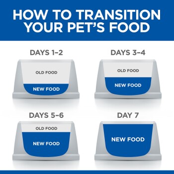 Infographic titled "How to Transition Your Pet's Food," showing a step-by-step guide with food bowls for days 1-2, 3-4, 5-6, and 7.