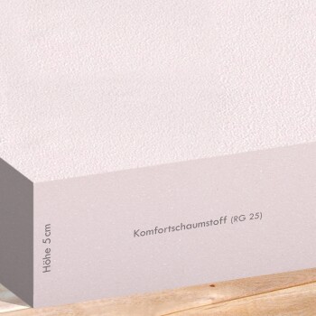 Eine Nahaufnahme eines hellen Schaumstoff-Haustierbettes, beschriftet mit "Komfortschaumstoff (RG 25)" mit einer Höhe von 5 cm, das auf einer Holzoberfläche ruht.