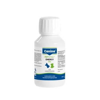 Canina PETVITAL Energy Gel‑Flasche für Hunde & Katzen; Etikett: „Ausgleich von Nährstoffdefiziten“.