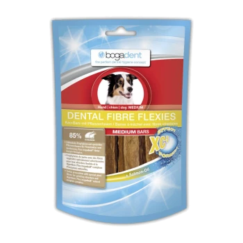 Dental Fibre Flexies Hundeleckerlis in einer blauen Verpackung mit einem Hundebild, mit Text, der 85% Huhn und Lachsöl hervorhebt.