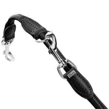 Schwarze Leder-Hundeleine mit silbernem Metallverschluss und Details, mit dem Markenlogo "HUNTER" am Griff.