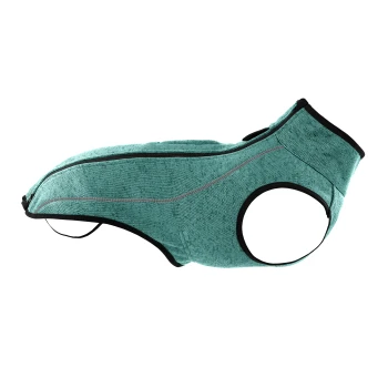 Ein türkisfarbenes Hundegeschirr mit schwarzem Rand, mit einem eleganten Design und einem Reißverschluss, vor einem weißen Hintergrund präsentiert.