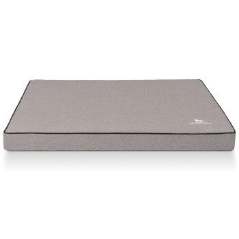 Graues Hundebett mit schwarzem Rand und dem Logo 'KNUFFELWUFF' in Weiß, auf einem weißen Hintergrund dargestellt.