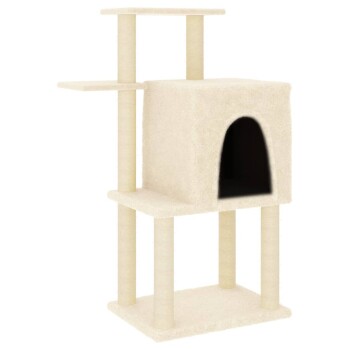 Cremfarbener Katzenbaum mit einem gemütlichen Versteck, zwei Plattformen und Kratzpfosten. Ideal zum Klettern und Ausruhen.