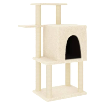 Cremfarbener Katzenbaum mit einem gemütlichen Versteck, zwei Plattformen und Kratzpfosten. Ideal zum Klettern und Ausruhen.