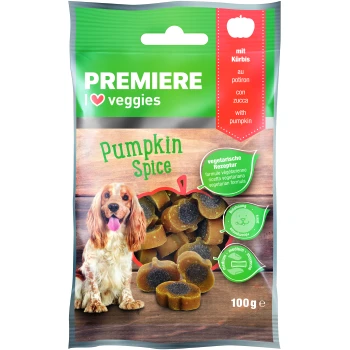 Dog treat packaging featuring a cocker spaniel with a tongue out, labeled "Pumpkin Spice" and "with pumpkin," highlighting vegetarian formula.