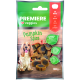 Verpackung für Hundeleckerlis mit einem Cockerspaniel mit herausgestreckter Zunge, beschriftet mit "Pumpkin Spice" und "mit Kürbis," das die vegetarische Formel hervorhebt.