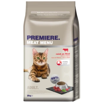 Meat Menu Adult 2 kg Eine Katzenfuttertüte mit der Aufschrift 'Premiere Meat Menu', die eine getigerte Katze zeigt, mit Text, der 48% Rindfleischgehalt angibt und für erwachsene Katzen geeignet ist.