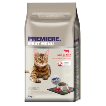 Eine Katzenfuttertüte mit der Aufschrift 'Premiere Meat Menu', die eine getigerte Katze zeigt, mit Text, der 48% Rindfleischgehalt angibt und für erwachsene Katzen geeignet ist.