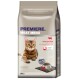 Eine Katzenfuttertüte mit der Aufschrift 'Premiere Meat Menu', die eine getigerte Katze zeigt, mit Text, der 48% Rindfleischgehalt angibt und für erwachsene Katzen geeignet ist.