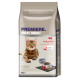 Sac de nourriture pour chat étiqueté 'Premiere Meat Menu' présentant un chat tigré, avec un texte indiquant 48% de contenu en boeuf et adapté aux chats adultes.
