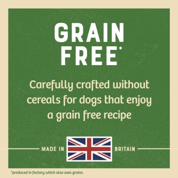 Grain-free dog food packaging featuring bold text stating "GRAIN FREE," with a description emphasizing it's crafted without cereals, made in Britain.
