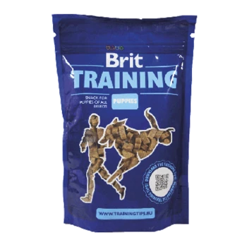 Blauer Beutel Brit Training Snacks für Welpen, mit einer Silhouette einer Person und einem Hund, mit dem Text 'Snack für Welpen aller Rassen.'