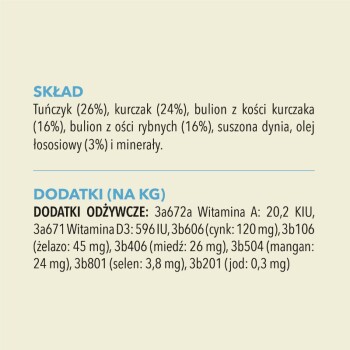 Lista składników karmy dla zwierząt w języku polskim, szczegółowo opisująca tuńczyka (26%), kurczaka (24%) oraz różne buliony, z dodatkiem witamin i minerałów.