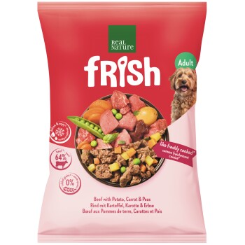 Roter Frish Real Nature Hundefutterbeutel, ‚Adult‘‑Label, ‚Rind mit Kartoffel, Karotte & Erbsen‘, Schüsselfoto und ‚wie frisch gekocht‘