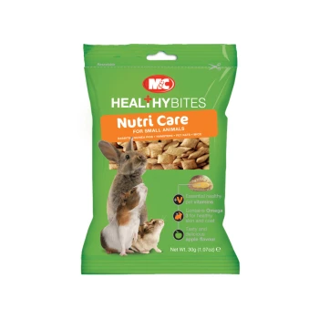 Green packaging of "Nutri Care" pet food for small animals, featuring a rabbit and guinea pig, with details on vitamins and Omega 3.
