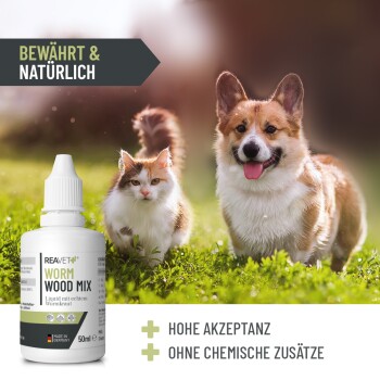 50ml Flasche Reavet Wurmholz-Mix mit einem weißen Deckel, mit deutschem Text und zwei glücklichen Corgis auf einer Wiese.