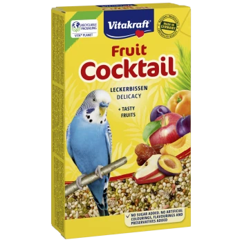 Vitakraft Fruit Cocktail bird food with a blue budgie, assorted fruits, and text about natural ingredients and no added sugar.