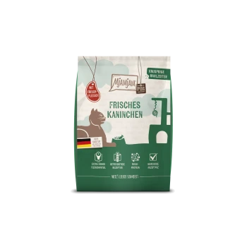 MjAMJAM Pur Heimtierfutterbeutel, grüne Verpackung mit der Aufschrift 'Frisches Kaninchen', rotem 'Mit Frisch-Fleisch'-Anhänger und deutscher Flagge.